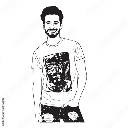 Handsome Man Black and White Illustration Vector Image Male Portrait Fashion Sketch Line Art Design