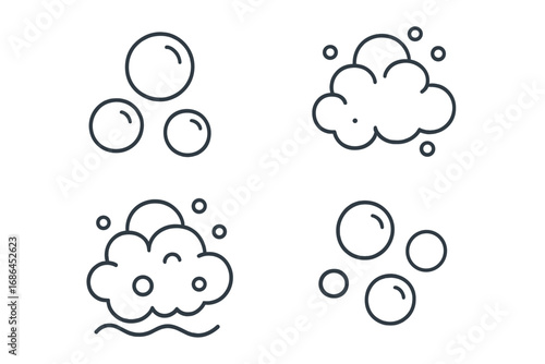 Soap foam and bubbles line icon set. Vector illustration of suds, lather, and effervescent fizz. Clean water symbol for washing, laundry, shampoo, and carbonated drinks.