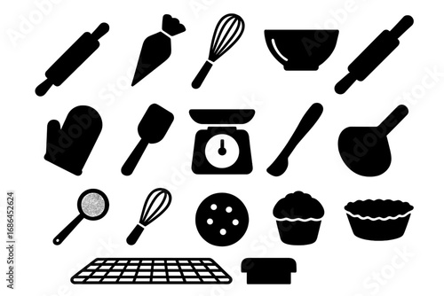 Baking tools silhouette icon set. Kitchen utensils for cooking and pastry. Vector collection of equipment like rolling pin, whisk, bowl, scale, oven mitt, spatula, pie.