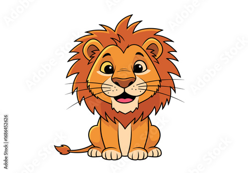 Adorable cartoon lion cub sitting happily with a fluffy mane and big expressive eyes