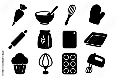 Baking tools silhouette icon set. Kitchen equipment for cooking pastry and desserts. Bakery utensil collection. Vector illustration of whisk, mixer, rolling pin, and cupcake.