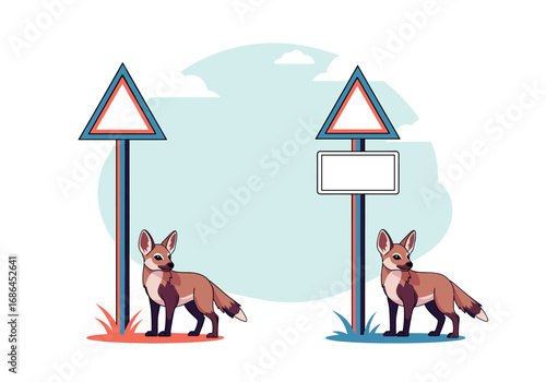 Two cunning foxes stand under blank warning signs in a grassy meadow with clouds in the background
