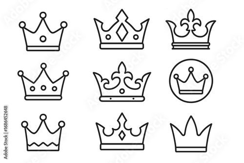 Crown line icon set. Royal king, queen, and princess tiara symbols. Heraldic majestic monograms. Luxury power and authority vector signs for logo. Premium quality winner.