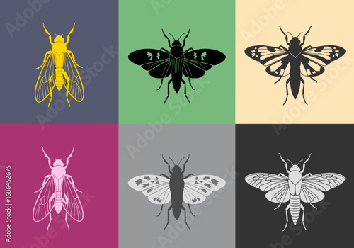An artistic display of six diverse insect silhouettes set against contrasting color backgrounds representing nature and biodiversity