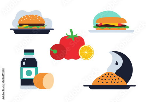 Delicious burgers fresh tomatoes lemon slice bottle and delicious rice plate with moon