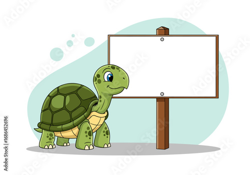 Adorable green cartoon tortoise standing proudly next to an empty wooden signpost with a blank white board for your text and ideas