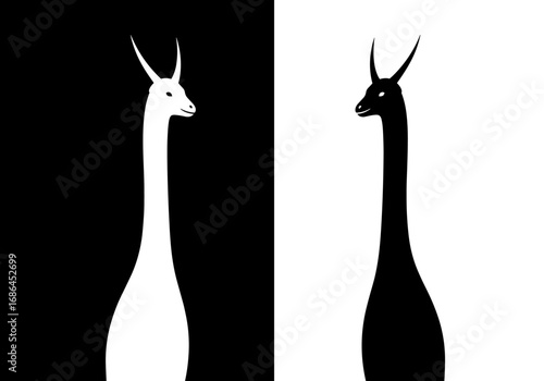 Contrasting visions of a tall necked mammal facing each other in a dichotomy of black and white