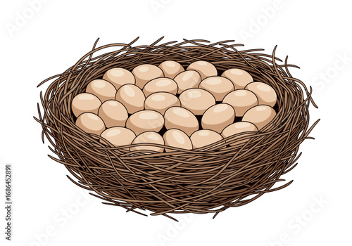 A detailed illustration of a bird's nest overflowing with numerous light brown eggs carefully arranged within the woven twigs and straw structure