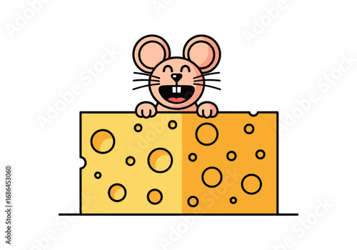 Joyful cartoon mouse peeking over a large delicious block of swiss cheese