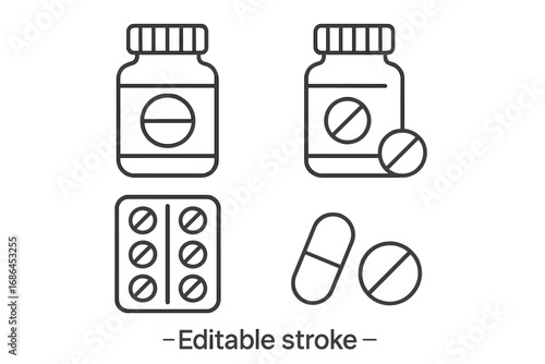 Pills and medicine thin line icon set. Vector symbols of drug bottle, tablet, capsule, blister pack. Healthcare, pharmacy, and treatment concept. Editable stroke illustration.