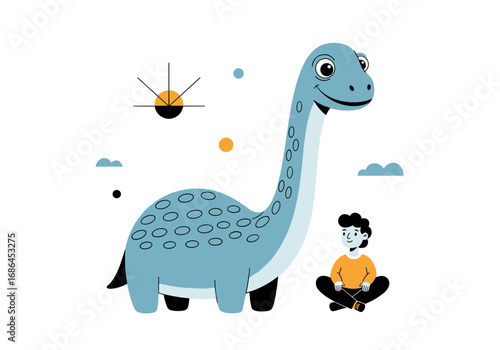 Friendly blue dinosaur standing next to a young boy sitting on the ground under a stylized sun and clouds