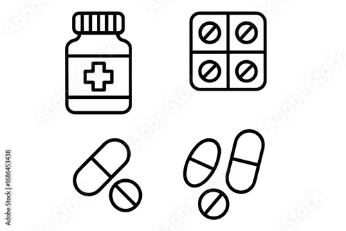 Medicine and pills thin line icon set with bottle, tablets, and capsules. Vector illustration of medication, blister pack. Concept for pharmacy, drugs, healthcare, treatment.
