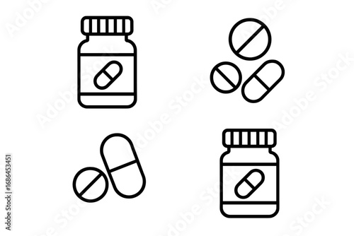 Pills line icon set. Medicine bottle, tablet, capsule. Pharmacy drug, vitamin, supplement. Healthcare medical treatment. No drugs, addiction concept. Editable stroke vector.
