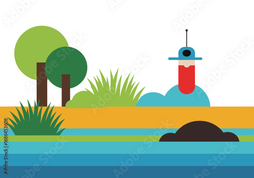 A whimsical futuristic landscape features abstract trees and a unique robot sentinel guarding a serene natural environment