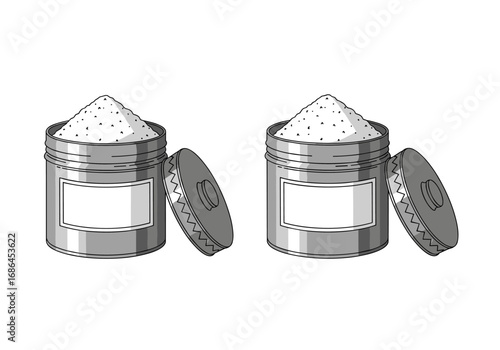 Two open metal containers filled with white granular powder ingredient isolated on white background