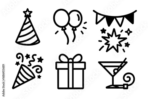 Celebration party icon set. Minimal black outline vector elements. Birthday, New Year, holiday event symbols. Simple cartoon illustration includes gift, balloon, hat, confetti.