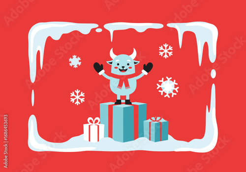 Cute ox character wearing scarf and mittens celebrating winter holidays on gift boxes surrounded by snowflakes and ice frame