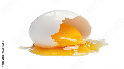 A cracked white egg with a bright yellow yolk and clear egg white spilling out on a black surface.