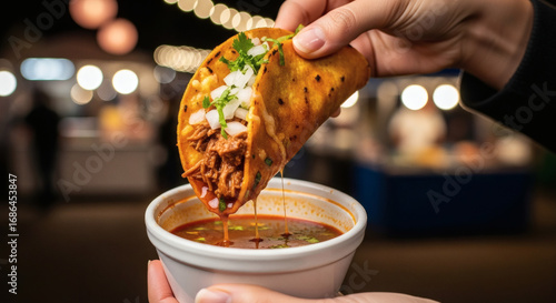 Hands Dipping a Hot Birria Taco into a Bowl of Consomé