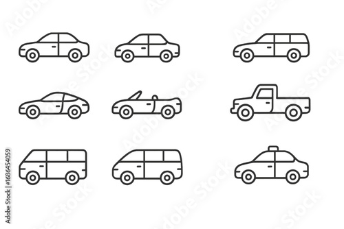 Car icon set. Vehicle line icons collection. Editable stroke. Sedan, suv, pickup truck, convertible, sports car, van, taxi symbol. Automotive transport vector illustration.