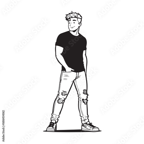 Handsome Man Black and White Illustration Vector Image Male Portrait Fashion Sketch Line Art Design
