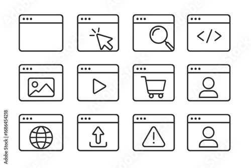 Web page line icon set. Browser window outline signs for graphic and web design. Vector symbols for UI, UX, apps. Website elements like search, cart, user, code, video player.