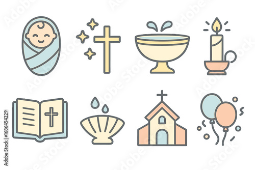 Christening ceremony icon set. Baby baptism celebration symbols. Vector line art illustration for religious rituals. Christian church event graphics with cross, font, candle, bible.