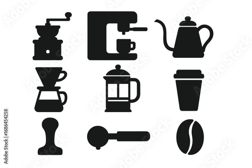 Coffee equipment icon set. Barista tools silhouette collection. Minimalist vector graphics for cafe menu. Includes espresso machine, grinder, french press, pour over, bean.