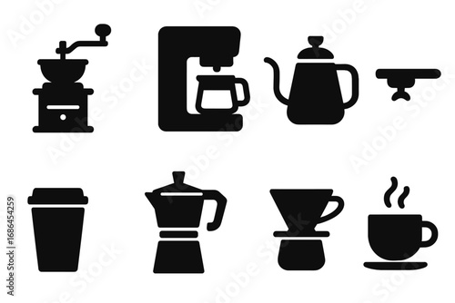 Coffee equipment icon set. Minimalist silhouette vector graphics for baristas. Includes grinder, moka pot, dripper, and kettle. Cafe brewing tools and accessories illustration.