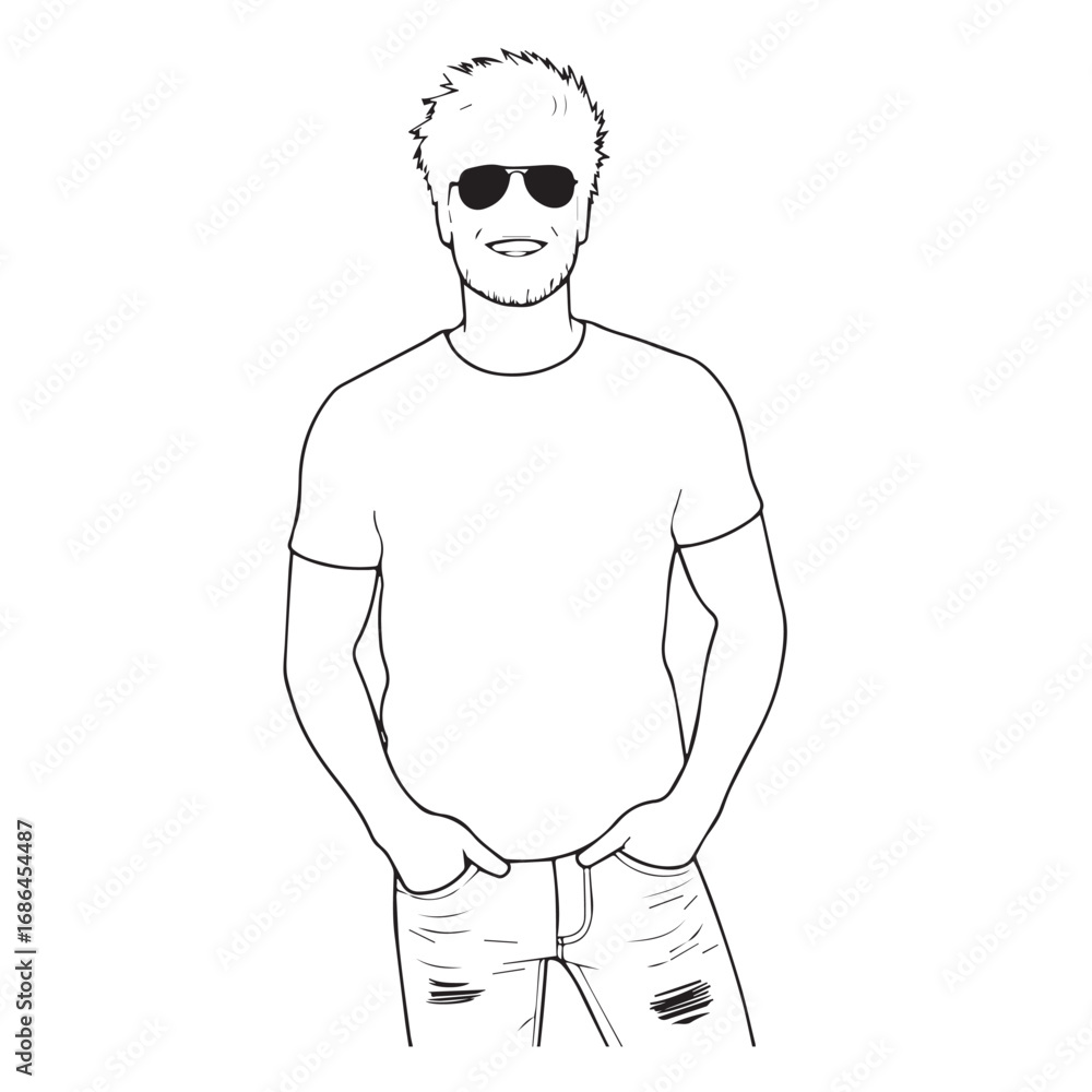Fototapeta premium Handsome Man Black and White Illustration Vector Image Male Portrait Fashion Sketch Line Art Design