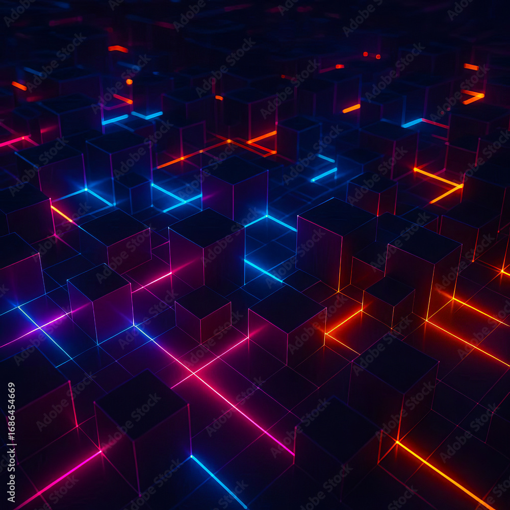 Obraz premium Futuristic cubic abstract 3D glowing sci-fi digital background