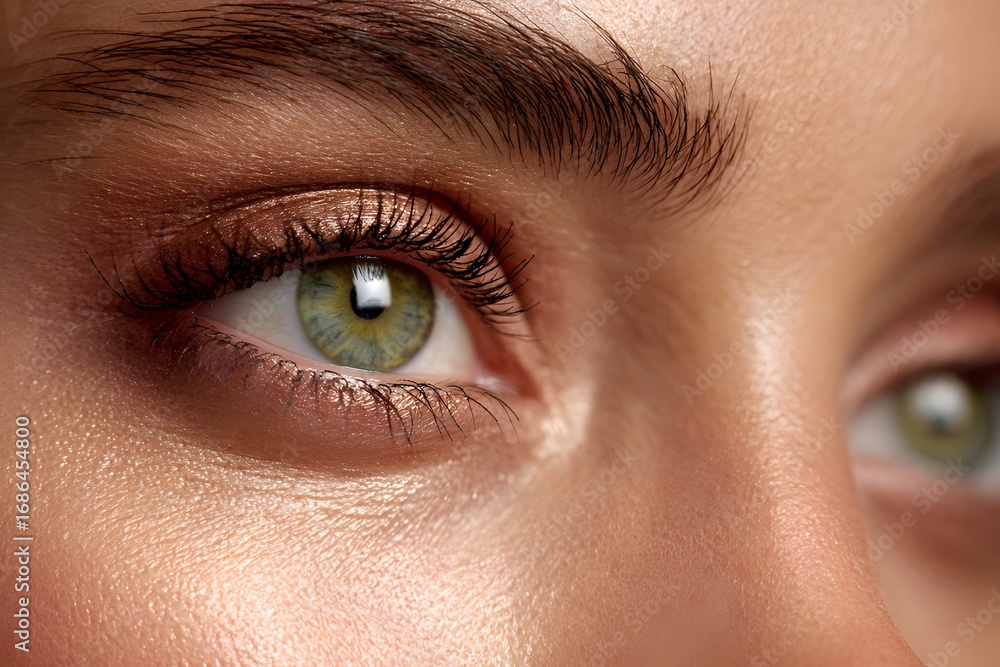 Obraz premium Close-Up of Woman's Freckled Face and Green Eyes with Natural Light Reflection