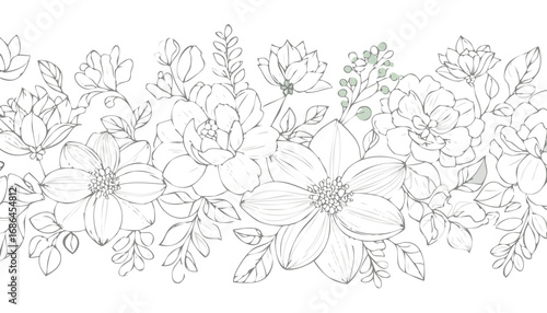 Delicate floral border with blooming flowers and leaves botanical illustration line art