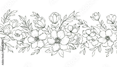 Wallpaper Mural Delicate floral border with blooming flowers and leaves botanical illustration line art Torontodigital.ca