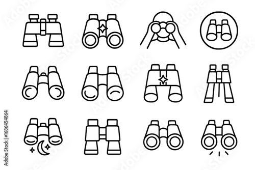 Binocular line icon set. Vector outline pictograms for vision, search, and discovery. Spyglass and field glass symbols for observation, exploration, travel, and business.