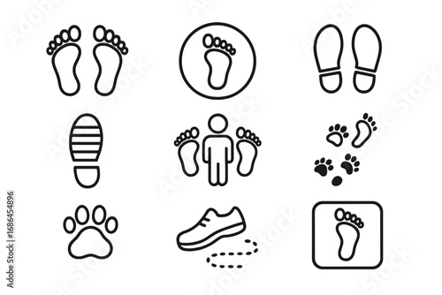 Collection of footprint line icons. Human barefoot steps, shoe and boot sole imprints, animal paw prints. Vector signs for walking, trail, path, carbon footprint, ecology.