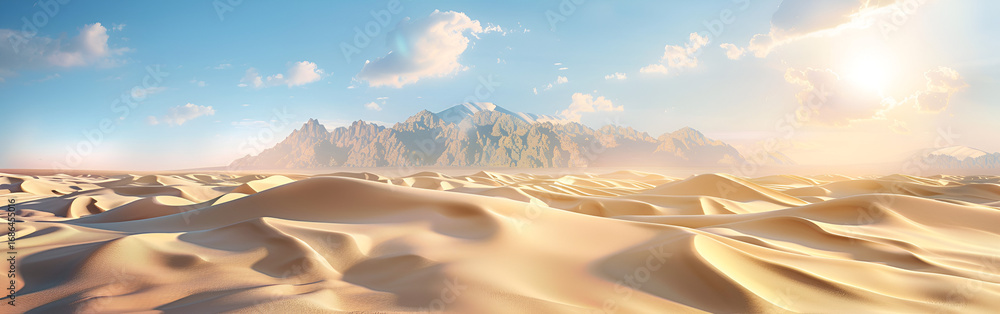 Naklejka premium Golden Desert Sand Dunes Under Clear Sky for Adventure Travel Expo and Cultural Festival
