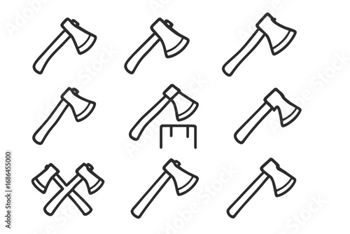 Axe line icon collection. Vector set of lumberjack and woodcutting tools. Minimalist outline pictograms for web, apps. Chopper, hatchet, and crossed axes symbols.