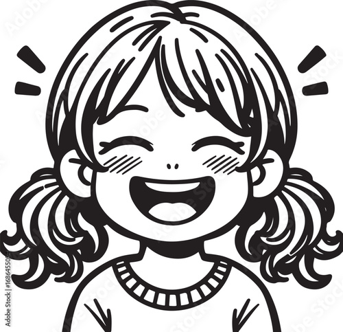 Joyful little girl with pigtails laughs with delight cartoon illustration