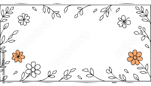 Floral border with orange and white flowers leaves branches