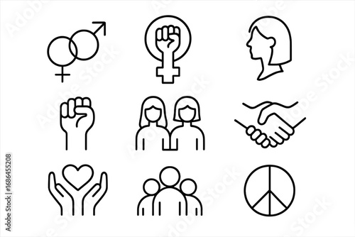 Gender equality, feminism, and women's rights line icon set. Vector symbols of solidarity, protest, sisterhood, peace, love, community, and empowerment for social issues.