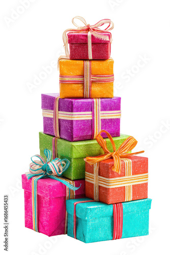 Stack of colorful gift boxes, festive and cheerful.  Stacked gift presents in vibrant hues, with ribbons.  Presents in various shades