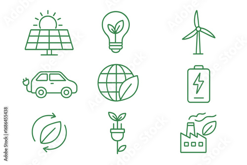 Green energy outline icon set. Renewable and sustainable power symbols. Solar panel, wind turbine, electric car, recycling, bioenergy. Thin line vector illustrations for web.