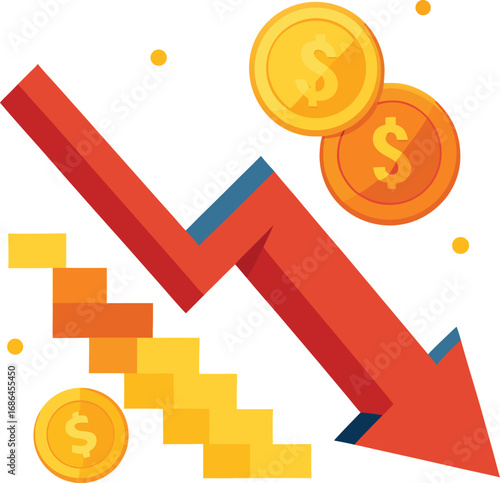 Downward Arrow Crushing Coins Flat Vector