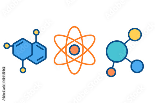 Science icon set with chemical compound, atom, and molecule. Vector illustration of atomic structure, nucleus, and scientific research for chemistry, physics, and education.