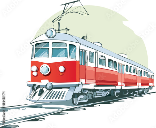 Red and white electric train on tracks locomotive passenger car