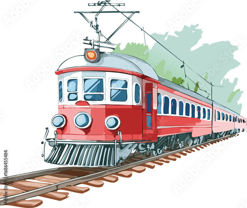 Red passenger train on tracks blue white