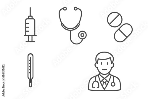 Medical icons thin line set. Doctor, syringe, vaccination, stethoscope, pills, thermometer. Health care, medicine, hospital, clinic concept symbols. Web, app vector collection.