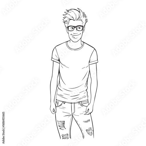 Handsome Man Black and White Illustration Vector Image Male Portrait Fashion Sketch Line Art Design