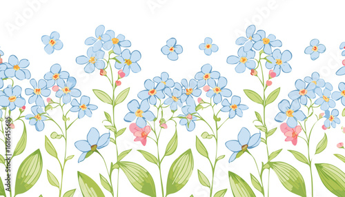 Delicate blue and pink flowers with green leaves blue flowers forget me nots